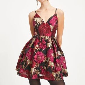a.peach Red and Pink Floral Mini Baby Doll Dress with Metallic Accents